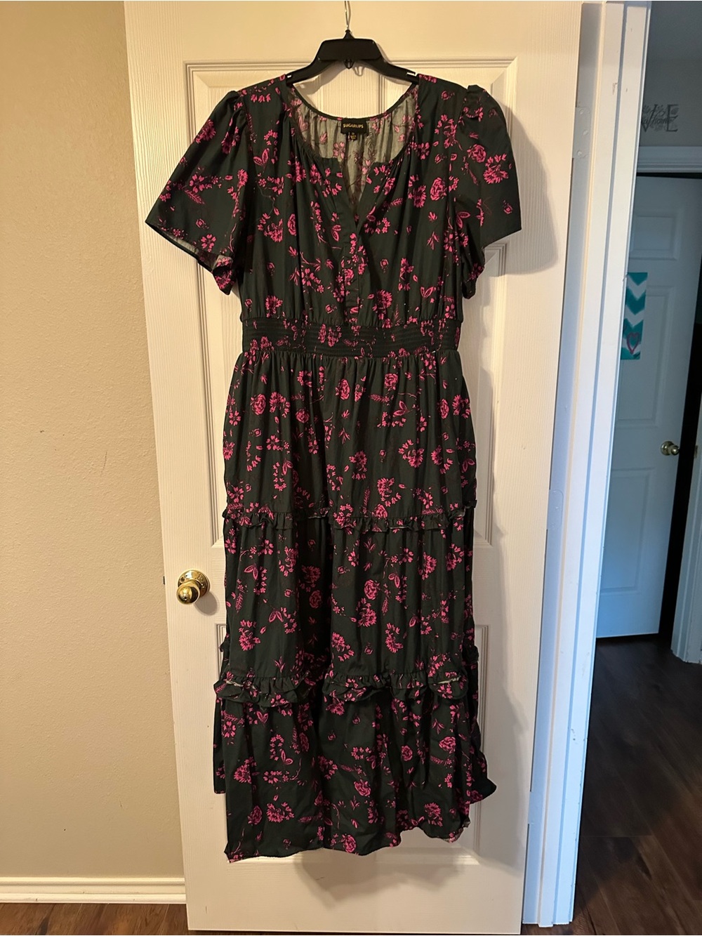 Sugarlips dark green maxi Dress with Pink Floral Print